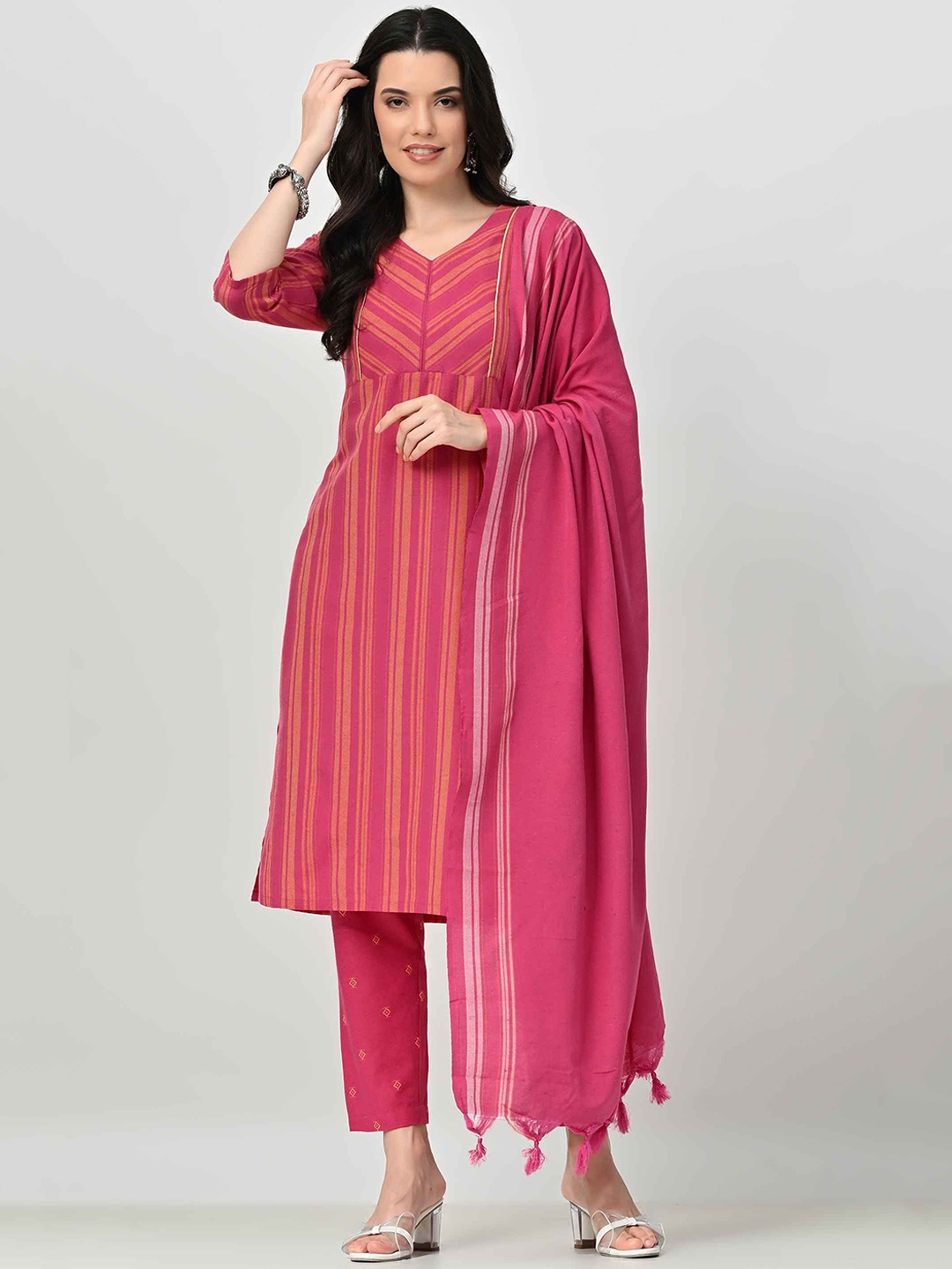 

BAESD V-Neck Striped Straight Kurta with Trouser & Dupatta, Pink