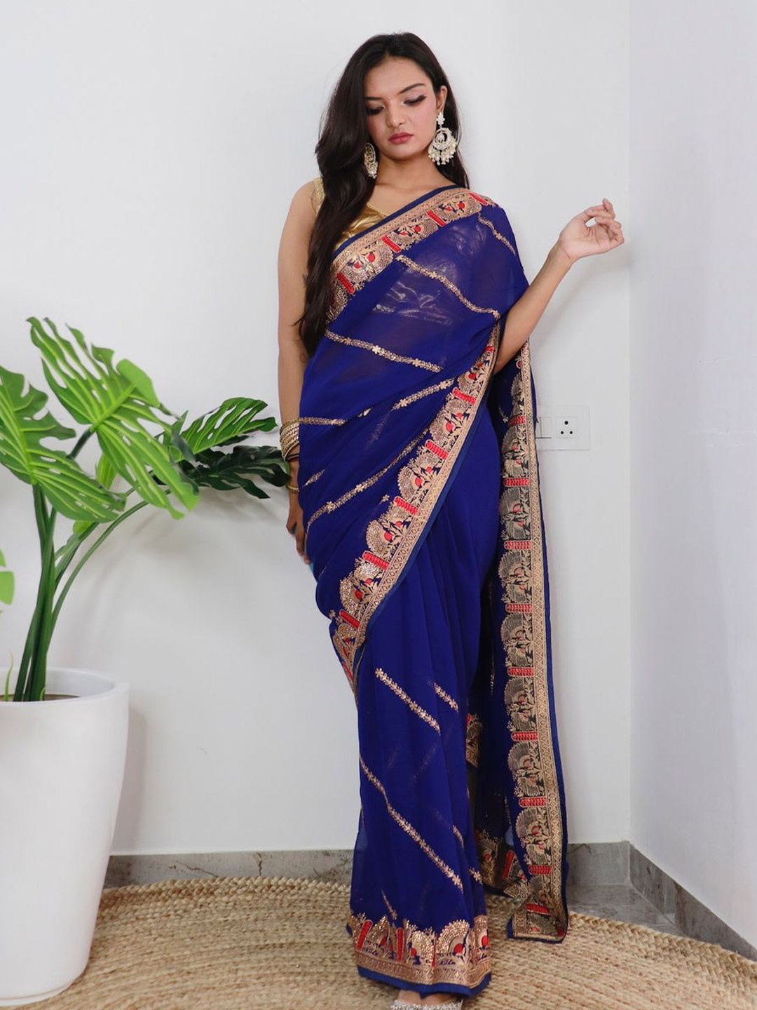 

Anouk Ethnic Motifs Poly Georgette Saree, Navy blue