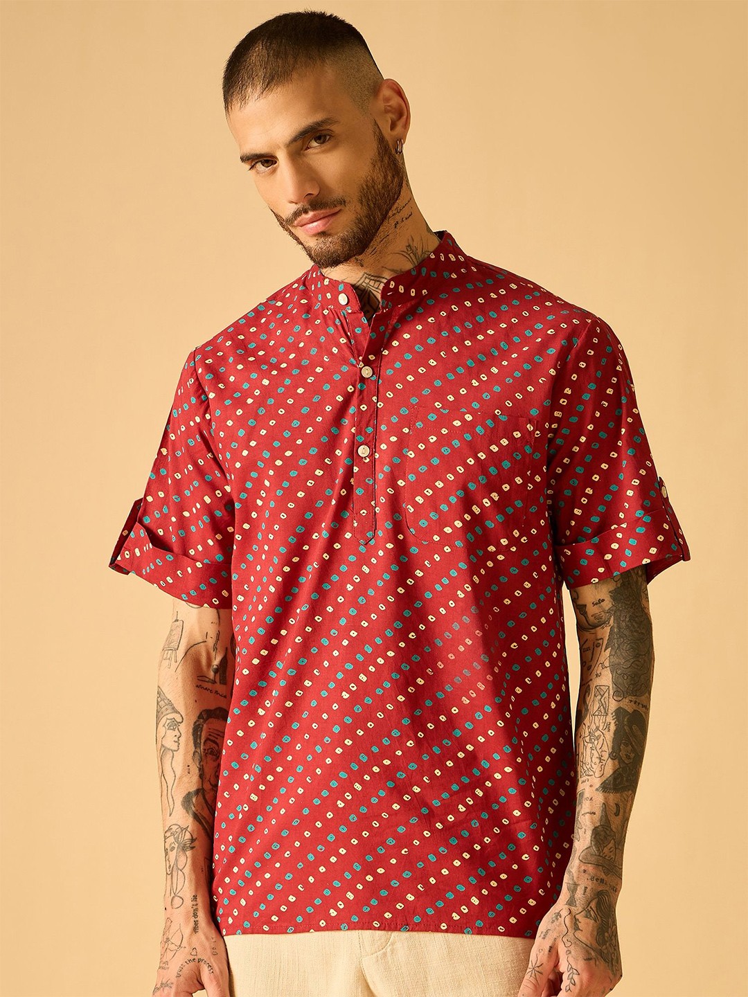

AKS Men Standard Semi Sheer Printed Casual Shirt, Red
