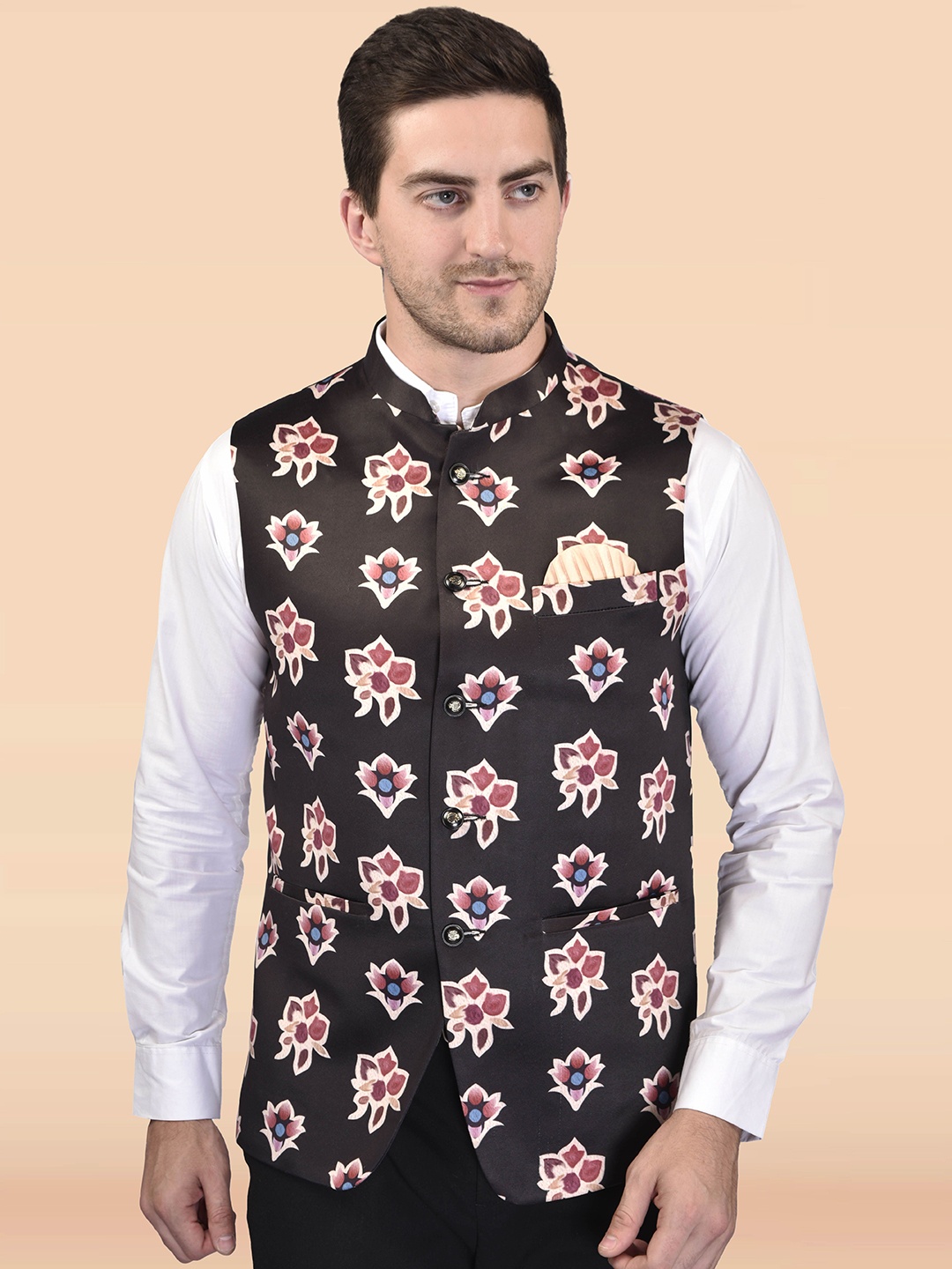 

PRINTINDIA Men Printed Mandarin Collar Nehru Jacket, Brown