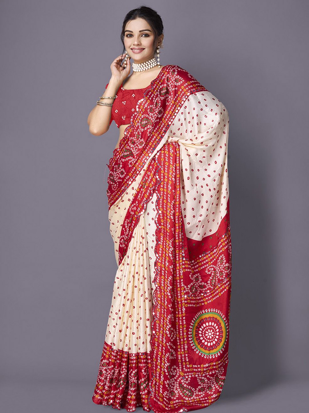 

A.V.M Prints Bandhani Art Silk Saree, Cream