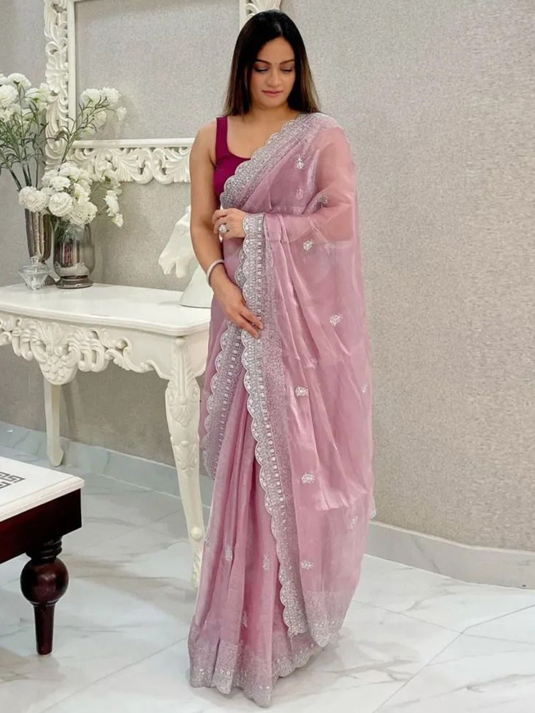 

ZIKARAA Embellished Beads and Stones Pure Silk Saree, Pink