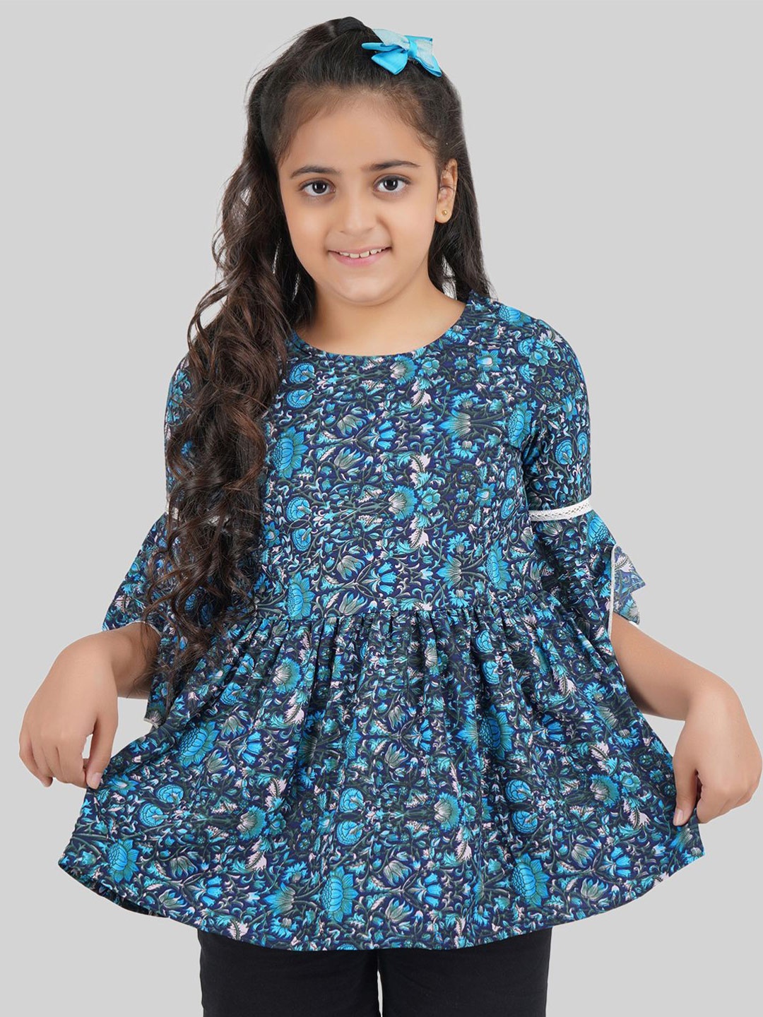 

BEING NAUGHTY Girls Floral Printed Bell Sleeve Peplum Top, Blue