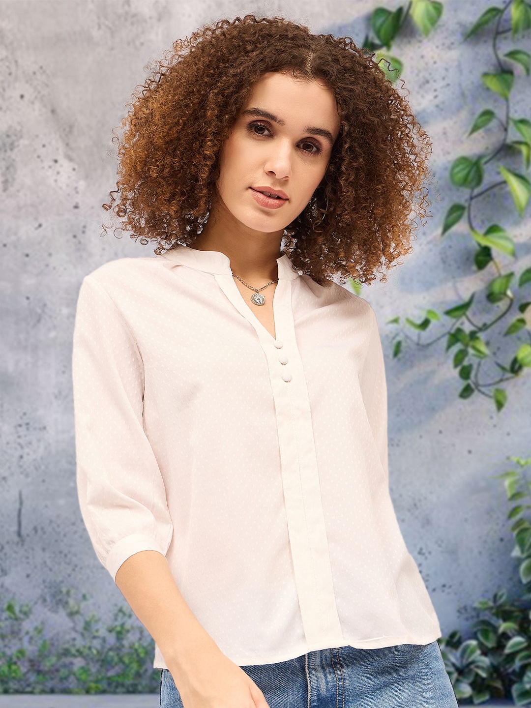 

DressBerry Mandarin Collar Shirt Style Top, White