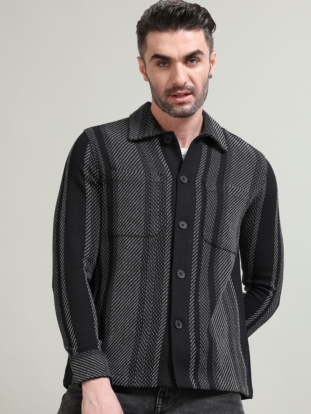 

StitchX Men Comfort Opaque Striped Casual Shirt, Black