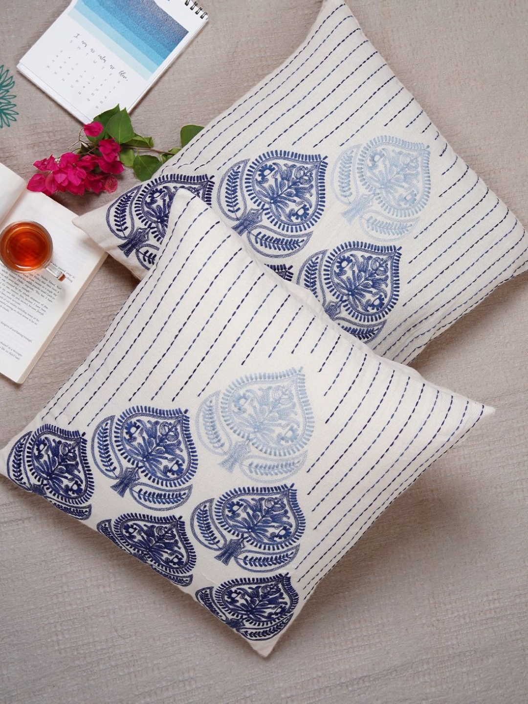 

Ratan Cart Blue 2 Pieces Ethnic Motifs Embroidered Pure Cotton Square Cushion Cover