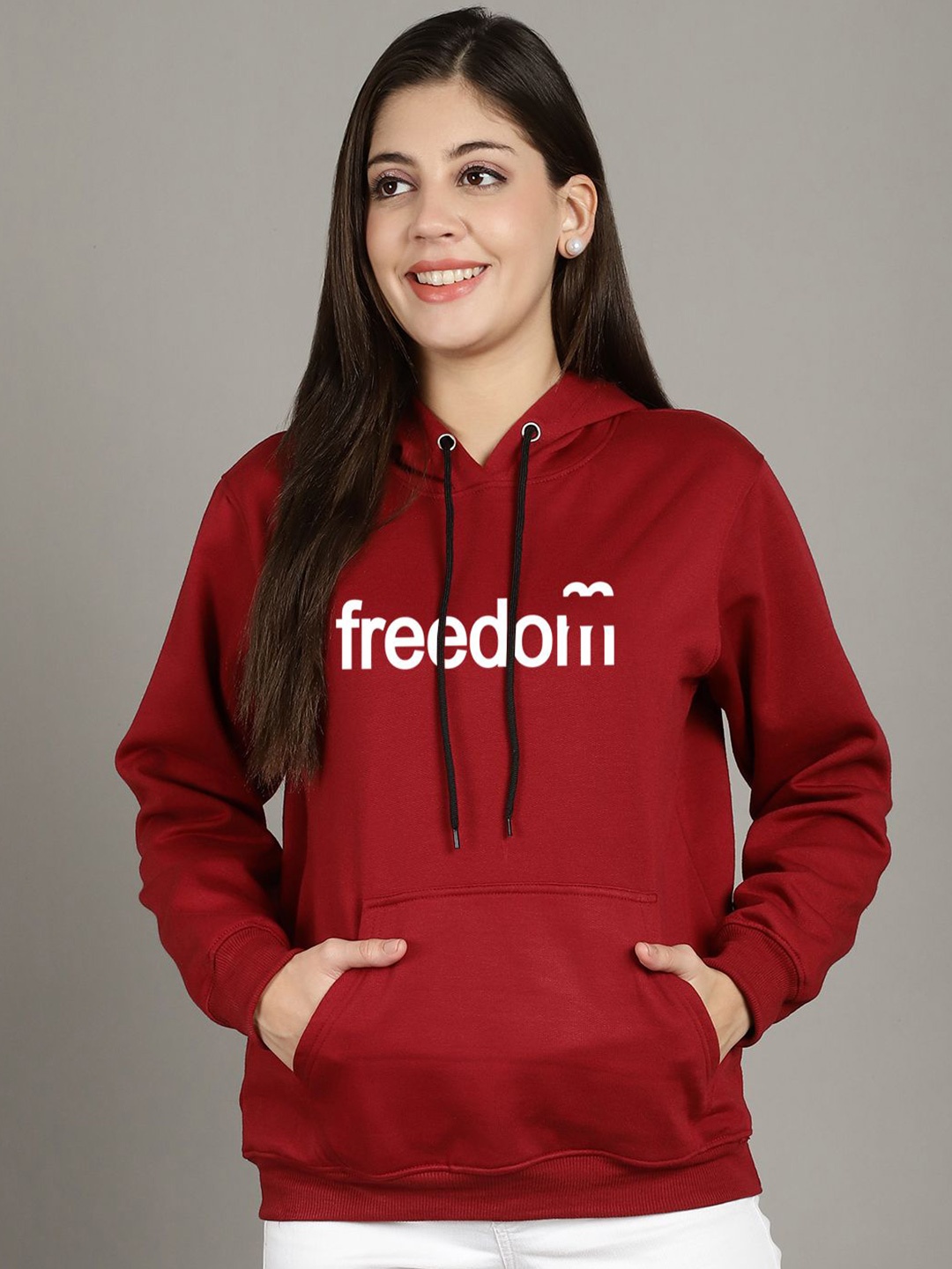 

Jinfo Women Printed Hooded Sweatshirt, Maroon