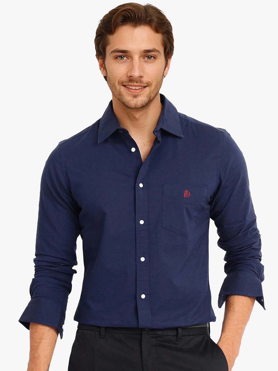 

RARE RABBIT Men Comfort Spread Collar Solid Cotton Formal Shirt, Navy blue