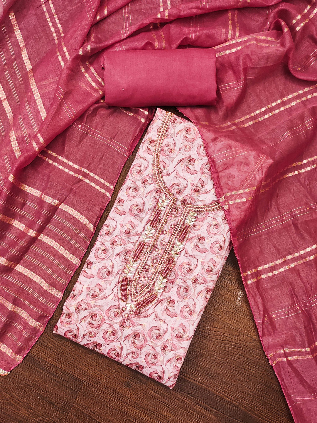 

Maroosh Printed Beads and Stones Unstitched Dress Material, Pink
