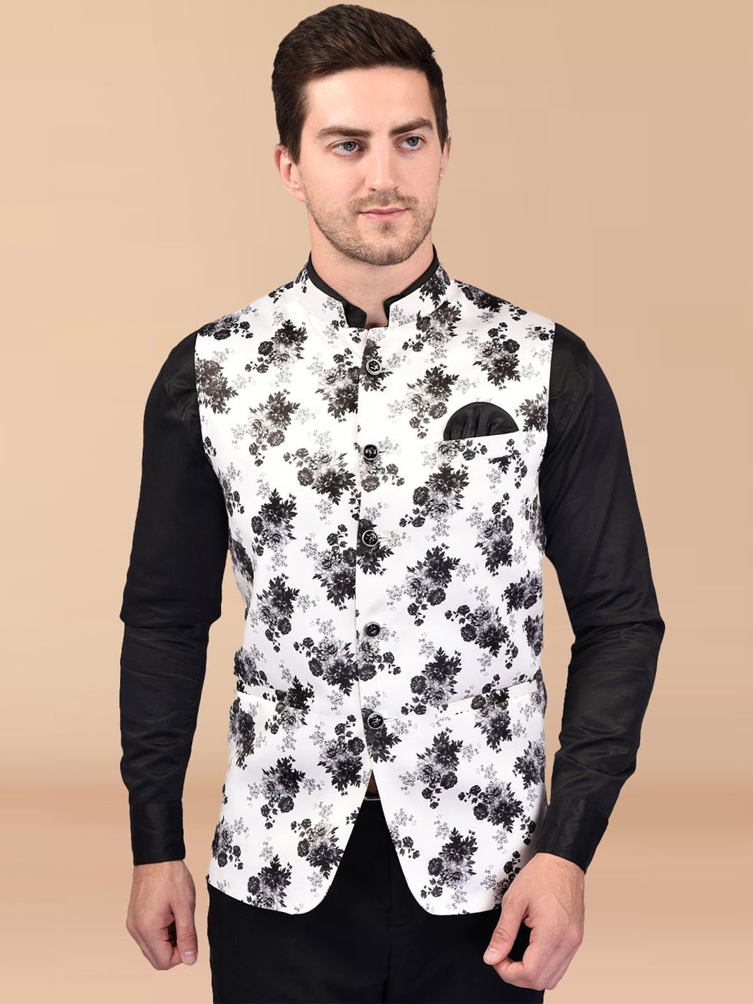 

PRINTINDIA Men Printed Mandarin Collar Nehru Jacket, Black