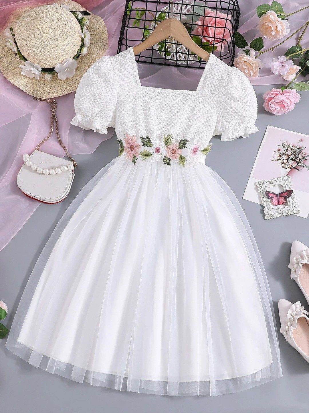 

Miss & Chief Embellished Puff Sleeve Net A-Line Dress, White