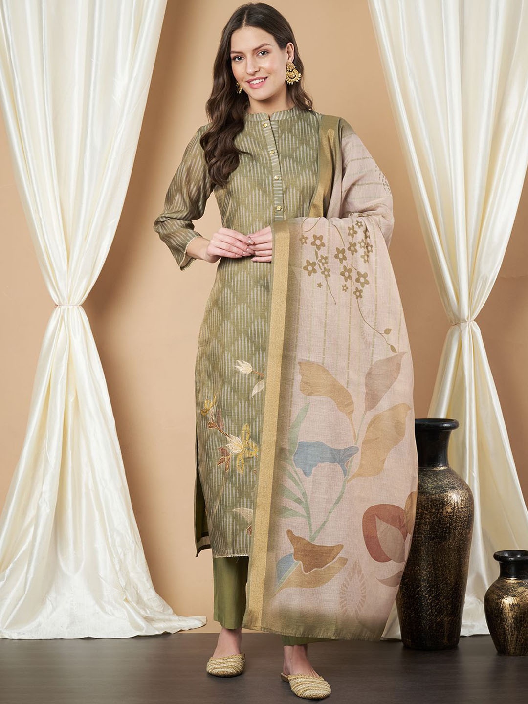 

all about you Women Embroidered Regular Chanderi Cotton Kurta with Trousers & With Dupatta, Green