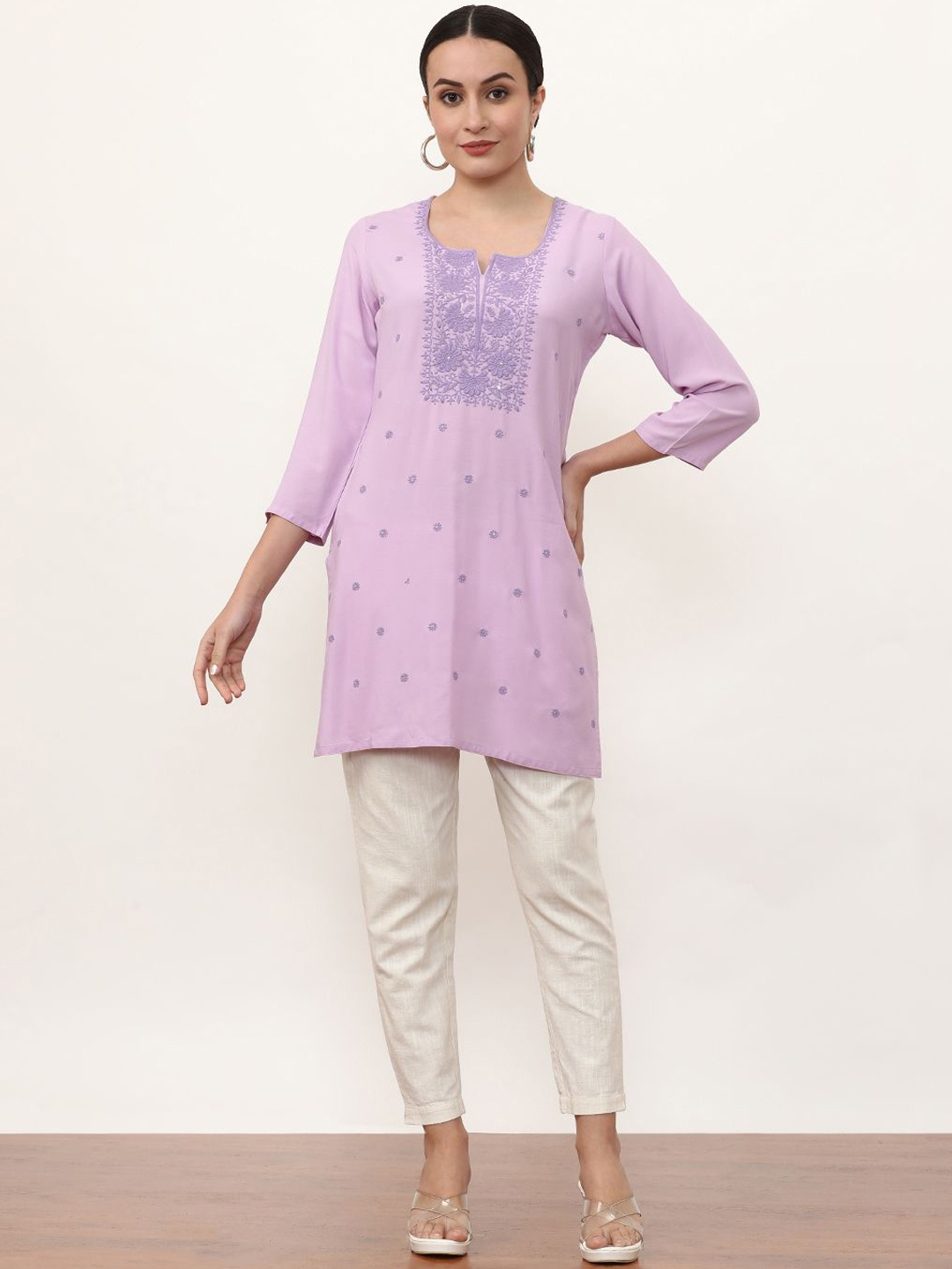 

Jaipur Kurti Women Embroidered Keyhole Neck Thread Work Kurta, Lavender