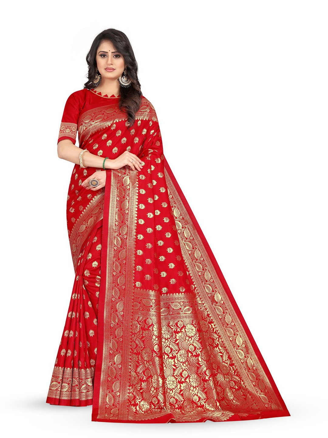 

KALINI Woven Design Zari Silk Blend Designer Kanjeevaram Saree, Red