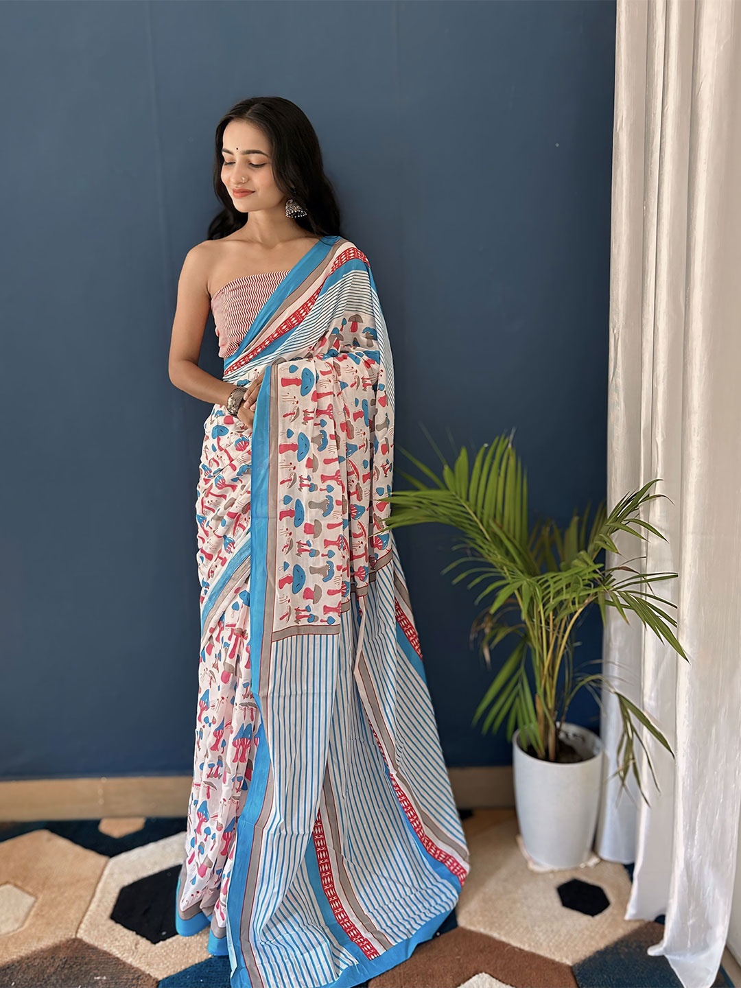 

HERE&NOW Abstract Printed Pure Cotton Bagru Saree, White