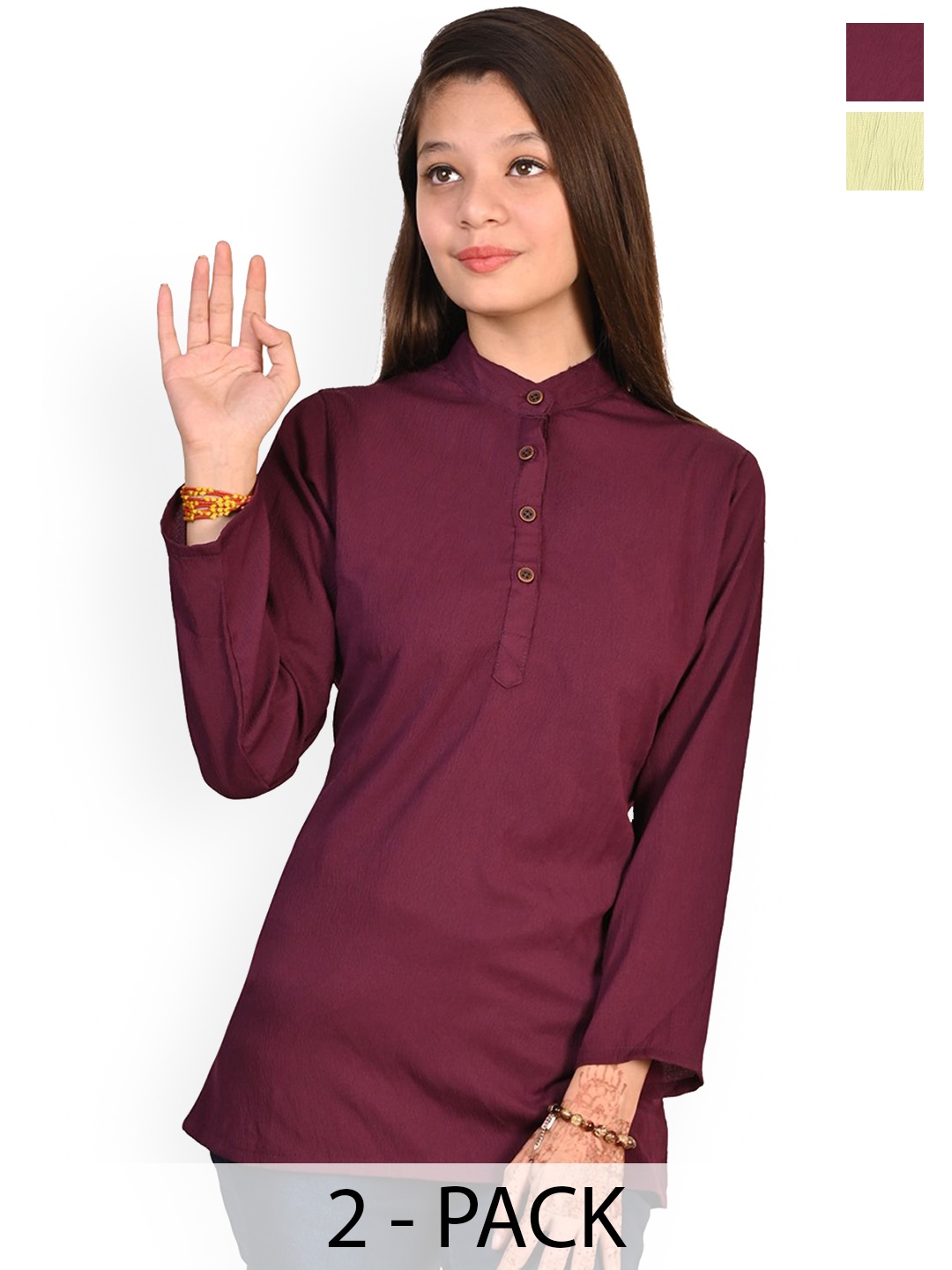 

BAESD Girls Pack of 2 Mandarin Collar Crepe Straight Kurti, Maroon