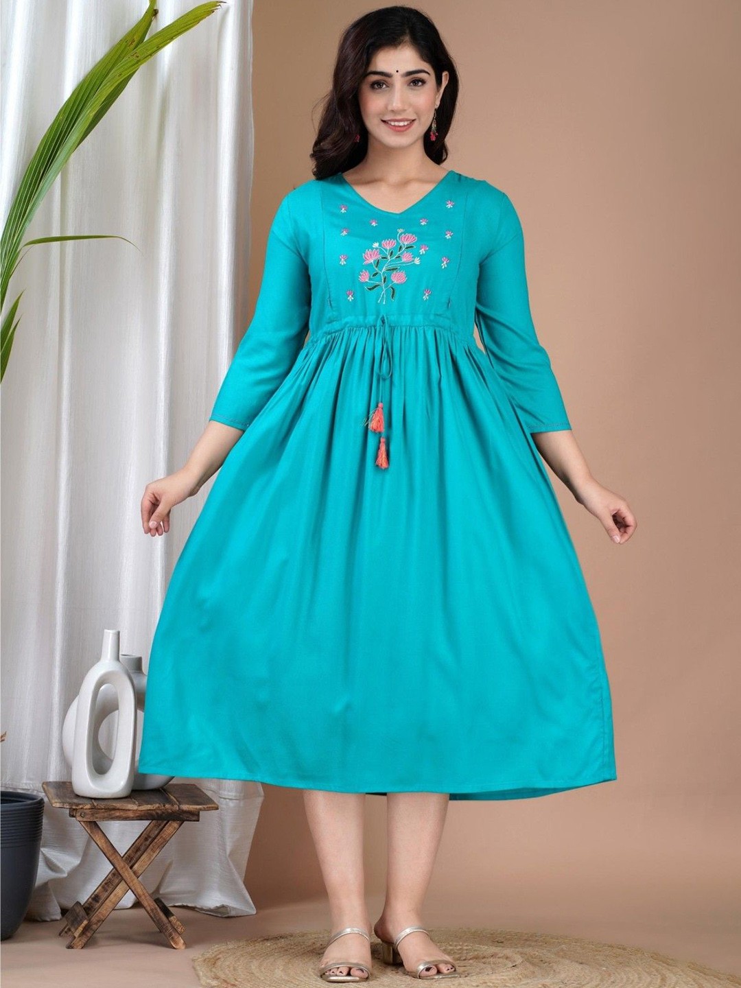 

JALTHER Women Floral Embroidered Maternity Fit and Flare Ethnic Dress, Blue