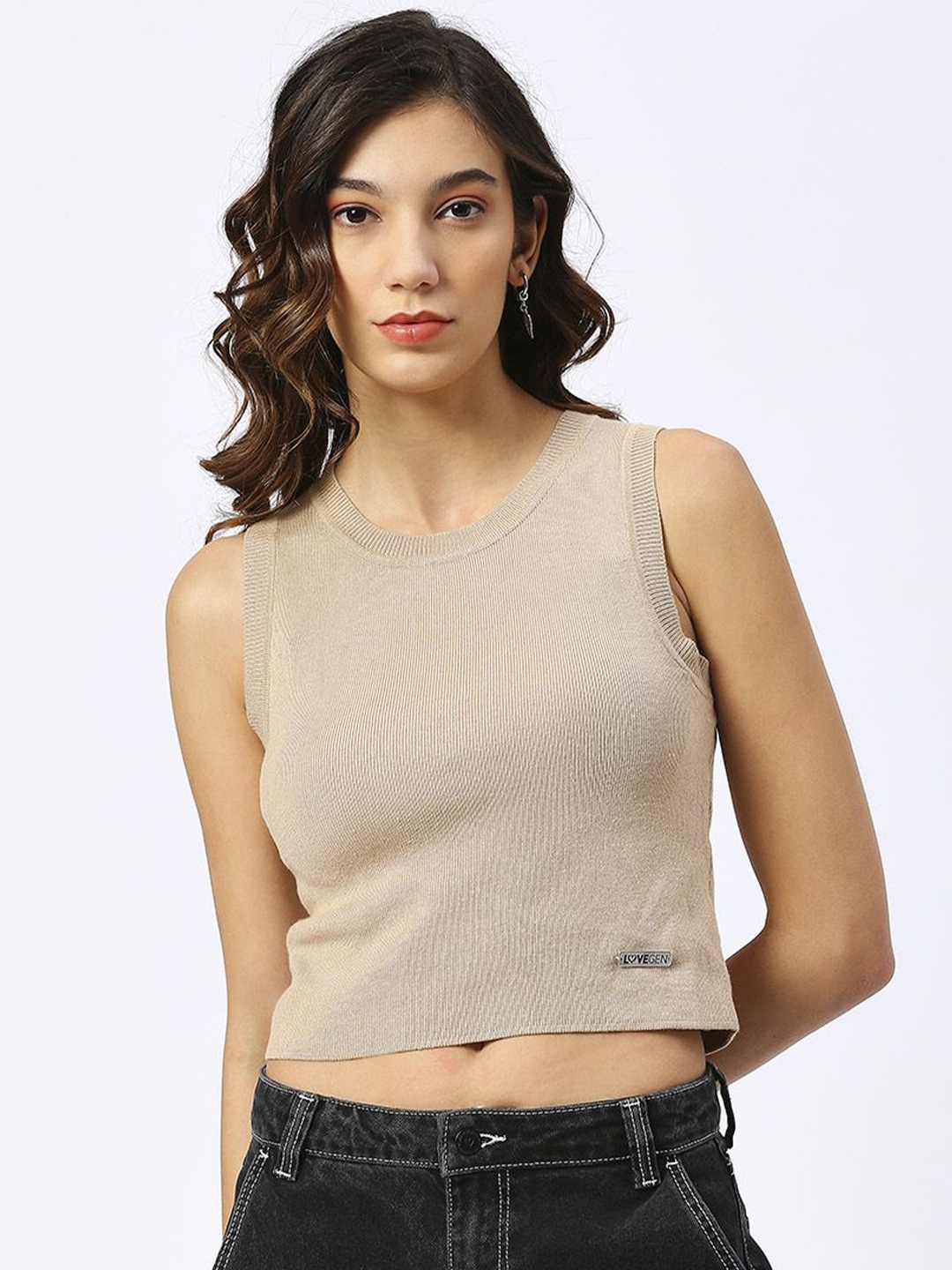 

LOVEGEN Women Round Neck Fitted Crop Top, Beige