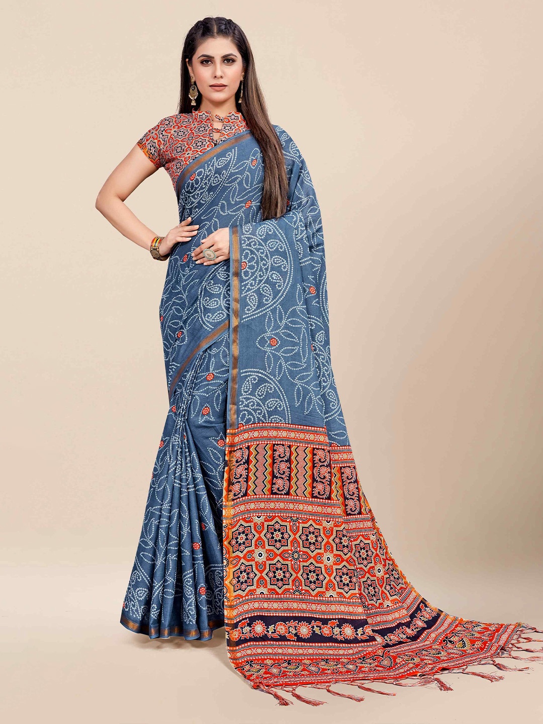 

HERE&NOW Bandhani Printed Pure Cotton Bagru Saree, Blue