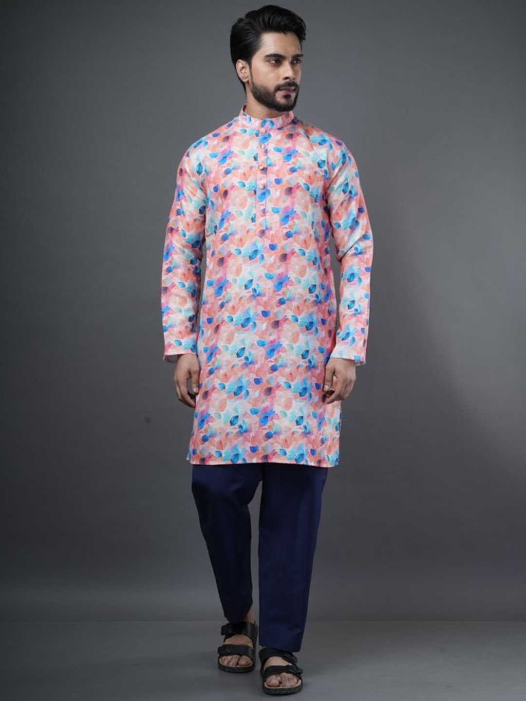 

ARYA Abstract Printed Mandarin Collar Linen Straight Kurta With Pyjamas, White
