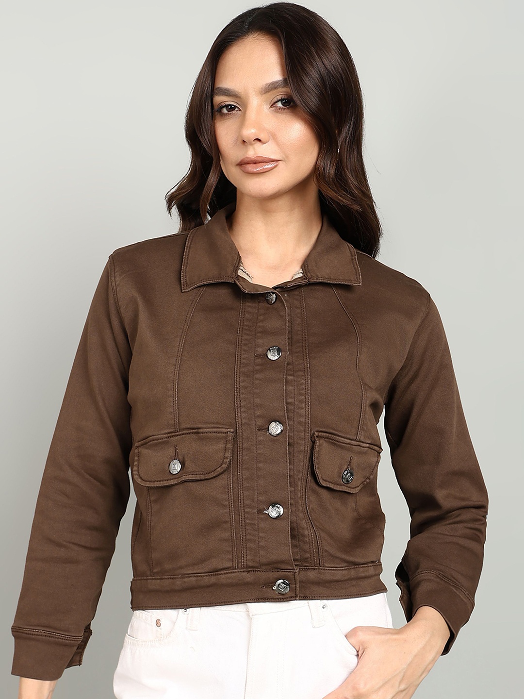 

Nifty Women Spread Collar Solid Cotton Casual Denim Jacket, Brown