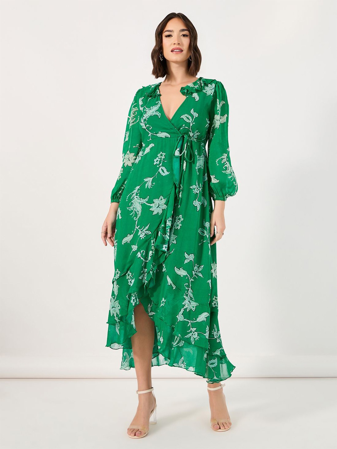 

Styli Women Floral Print Ruffle Collar A-Line Maxi Dress, Green