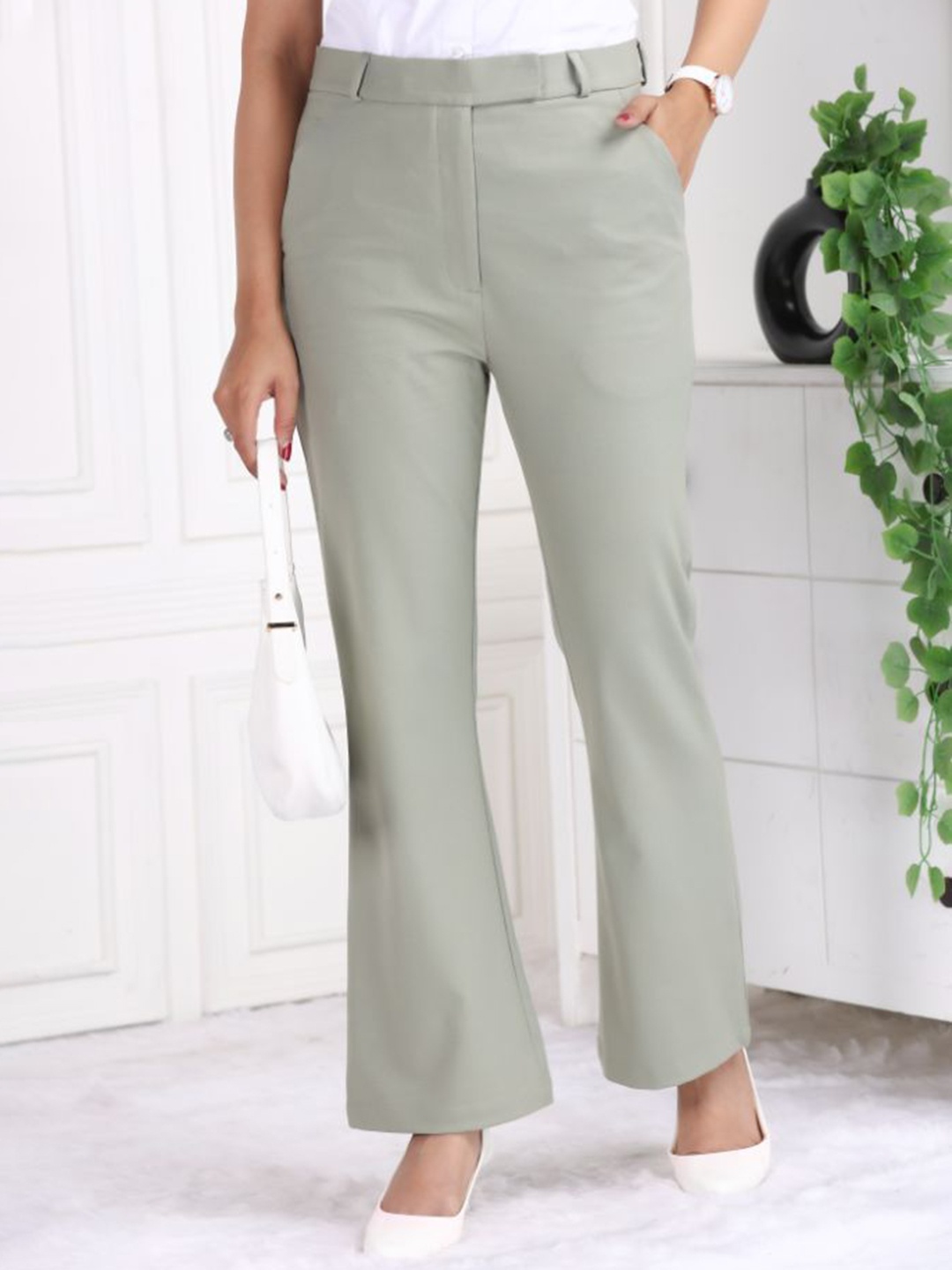 

Mlada Women Original Flared High-Rise Easy Wash Trousers, Green
