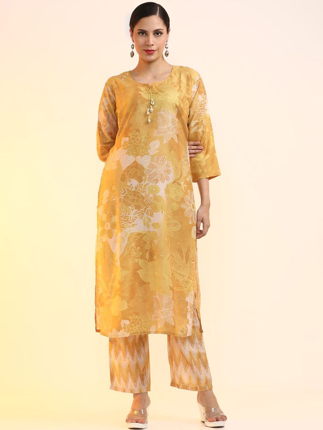 

Jaipur Kurti Women Floral Printed Regular Kurta with Trousers, Mustard