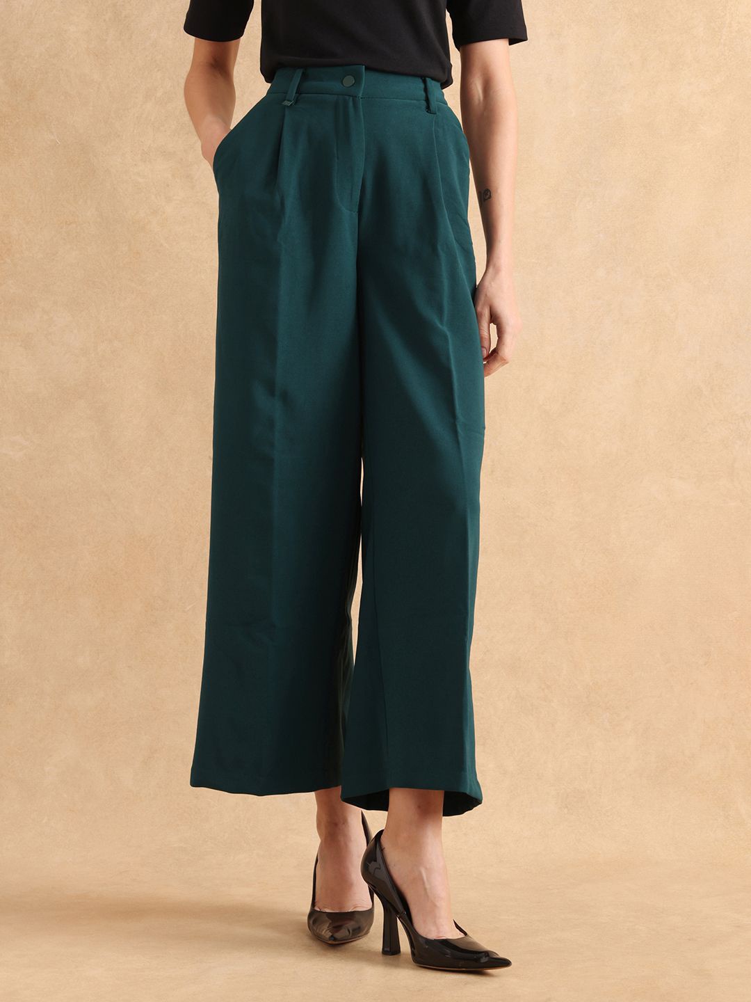 

RAREISM Women Tailored Loose Fit High-Rise Trousers, Green