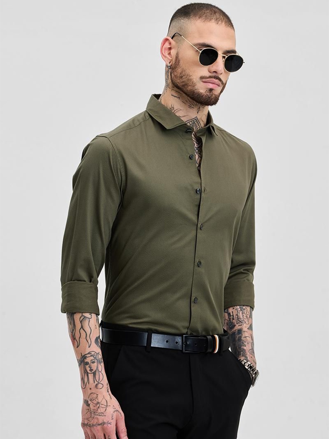 

Snitch Men Smart Slim Fit Opaque Formal Shirt, Olive