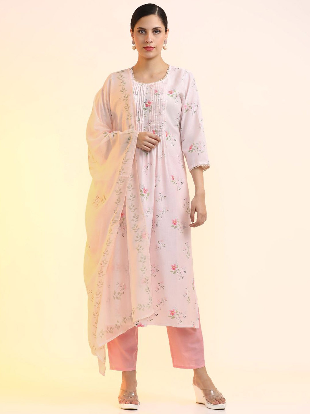 

Jaipur Kurti Women Floral Embroidered Regular Sequinned Linen Kurta with Trousers & With Dupatta, Pink