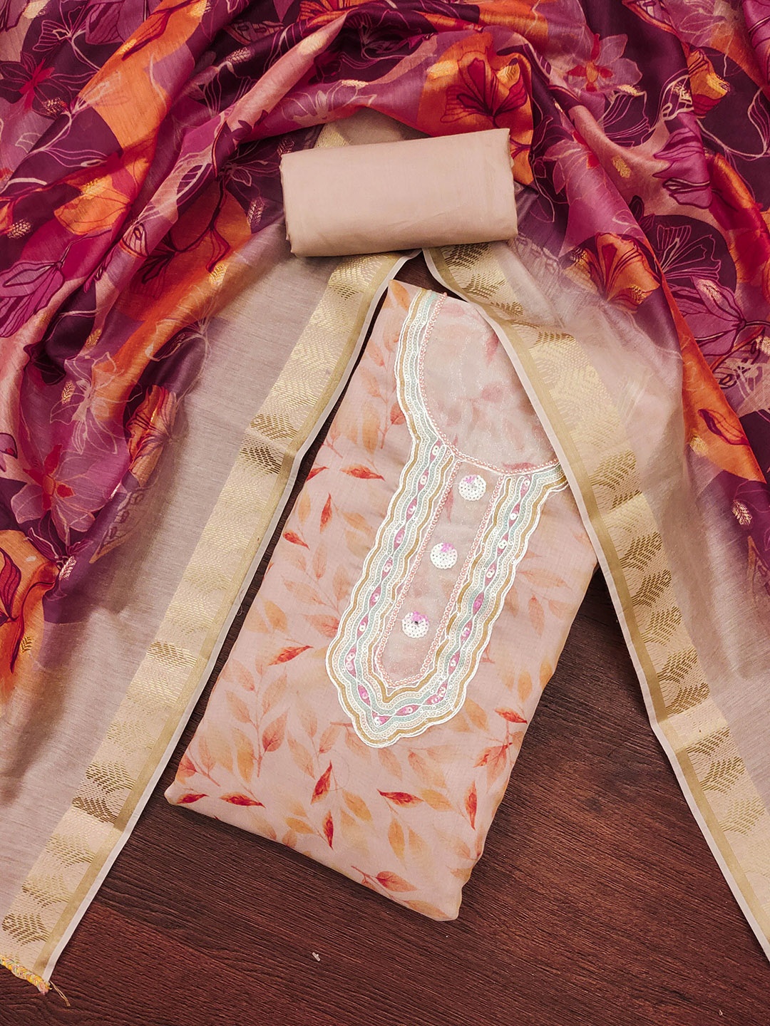 

Maroosh Floral Printed Sequinned Unstitched Dress Material, Peach