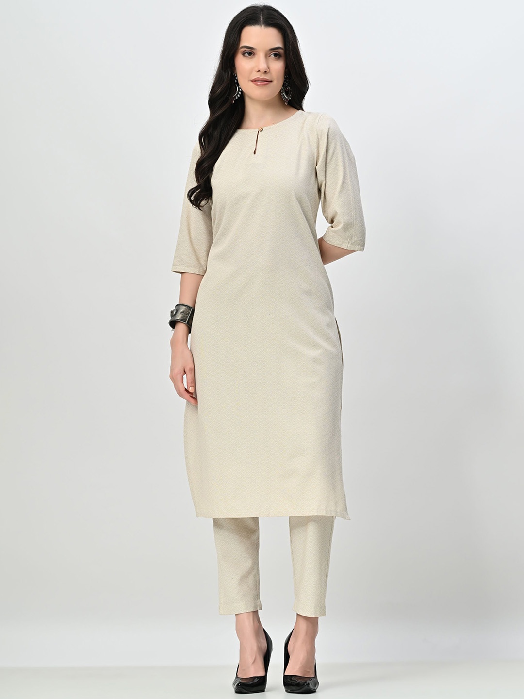 

ALL WAYS YOU Women Printed Regular Kurta with Trousers, Cream