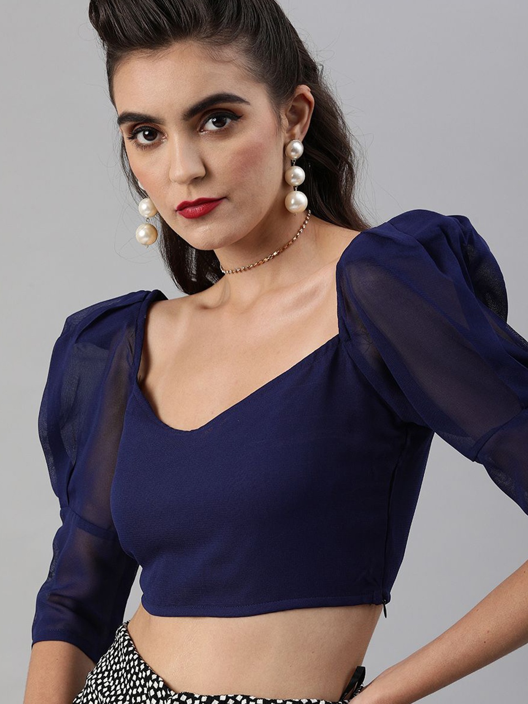 

SCORPIUS Sweetheart Neck Puff Sleeve Crop Top, Navy blue