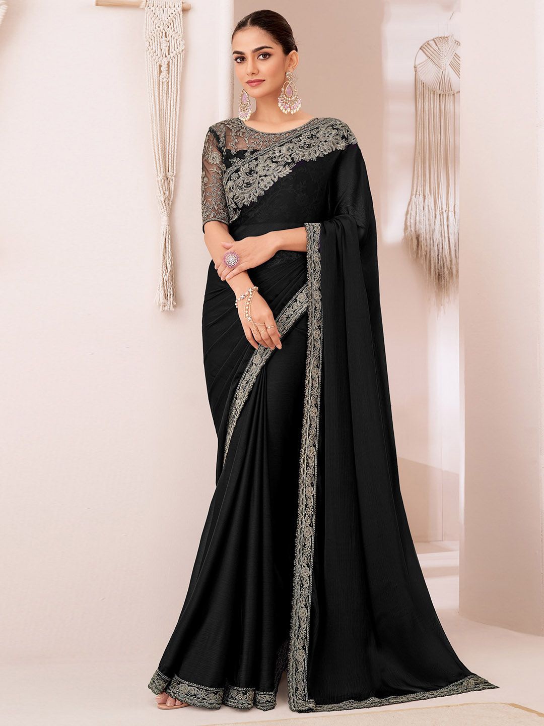 

Mitera Sequinned Pure Georgette Saree, Black