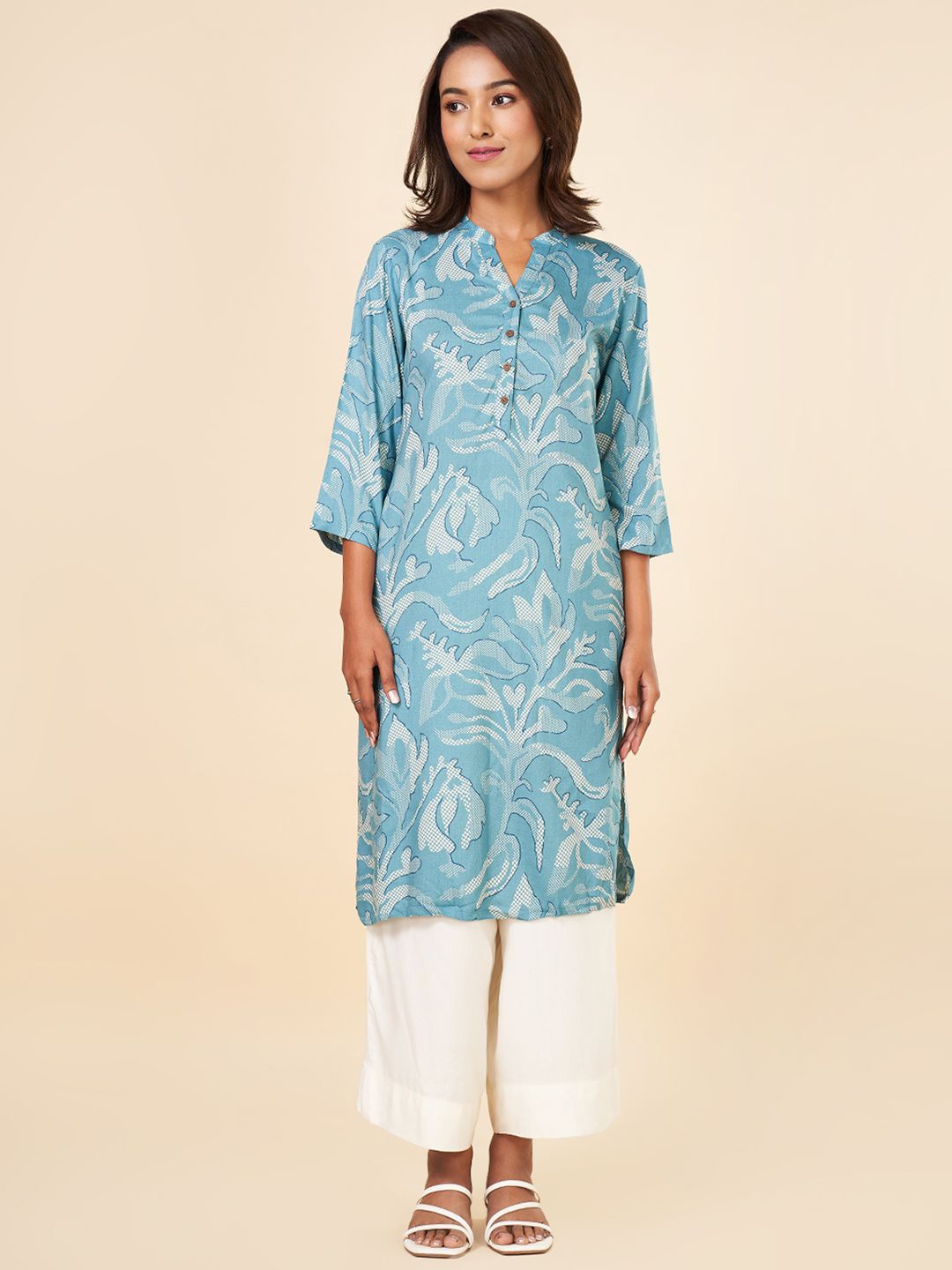 

RANGMANCH BY PANTALOONS Mandarin Collar Abstract Printed Straight Kurta, Blue