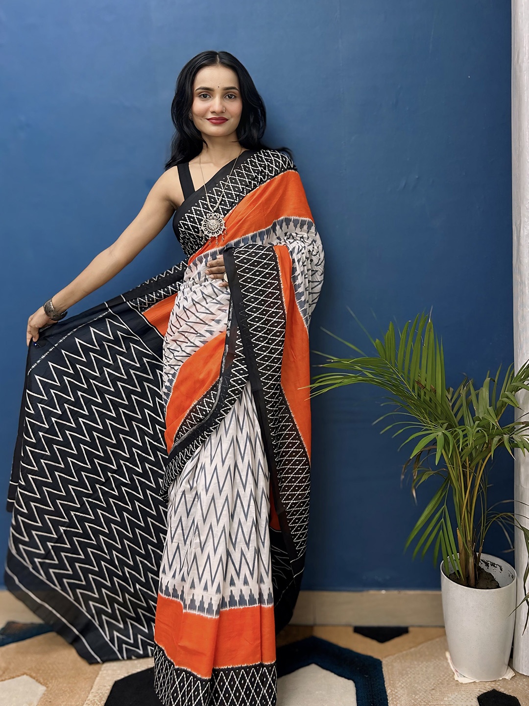 

HERE&NOW Kalamkari Printed Pure Cotton Bagru Saree, White