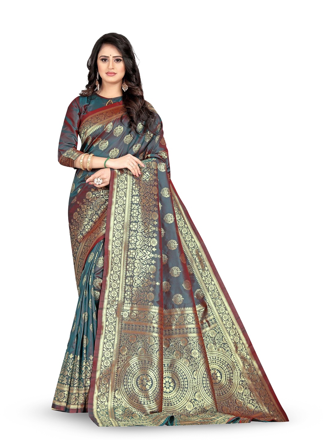 

KALINI Woven Design Zari Silk Blend Designer Kanjeevaram Saree, Teal