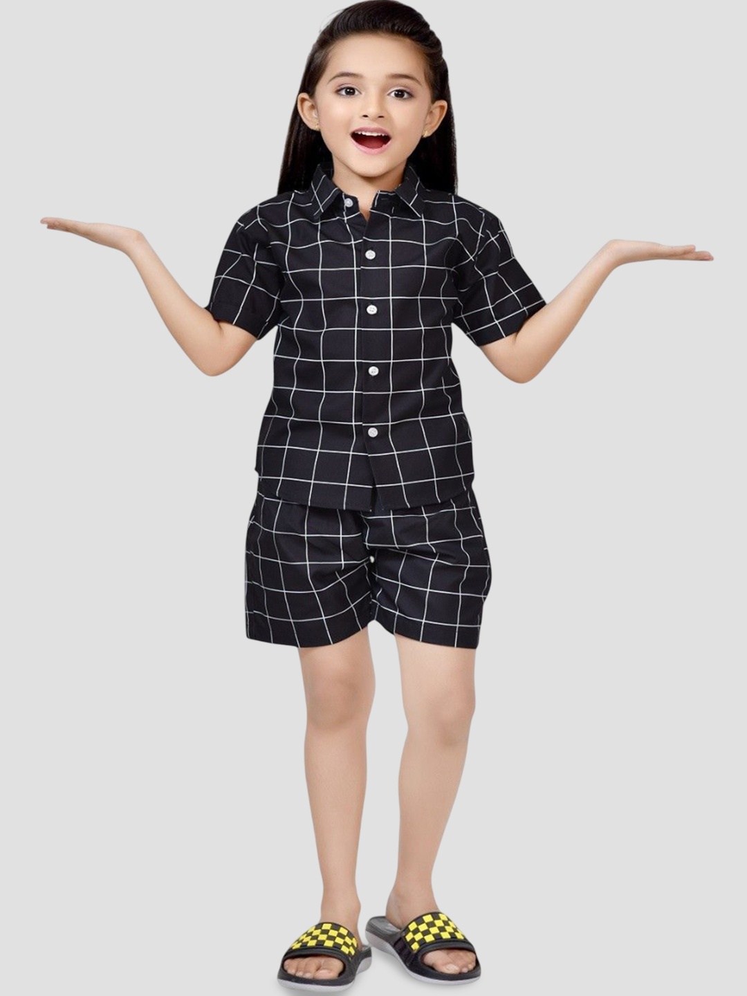 

BAESD Girls Checked Pure Cotton Shirt With Shorts Clothing Set, Black