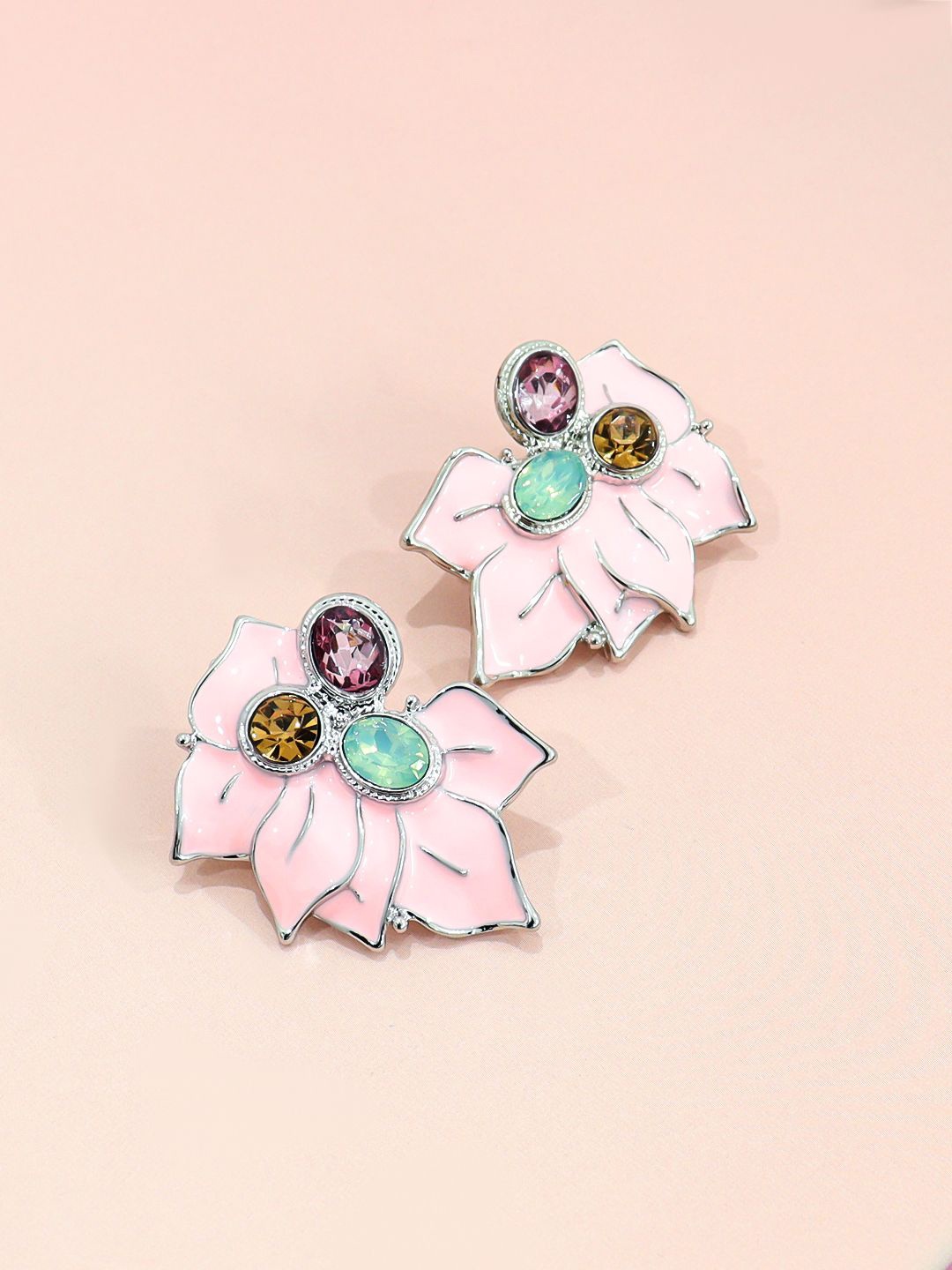 

Krelin Silver-Plated Stainless Steel Matte Resin Floral Rhinestone Acrylic Petal Studs, Pink