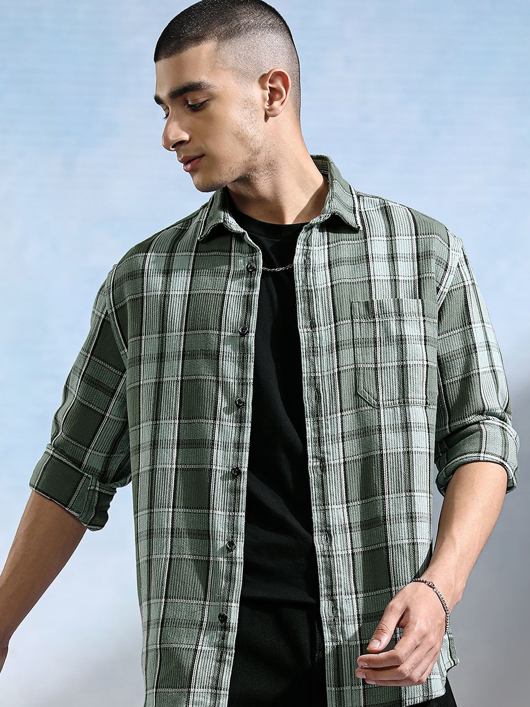 

HIGHLANDER Men Opaque Checked Casual Shirt, Olive