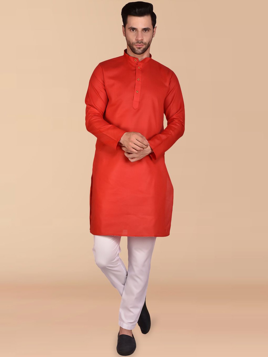 

BOWLIFESTYLE Band Collar Pure Cotton Straight Kurta with Trousers, Red