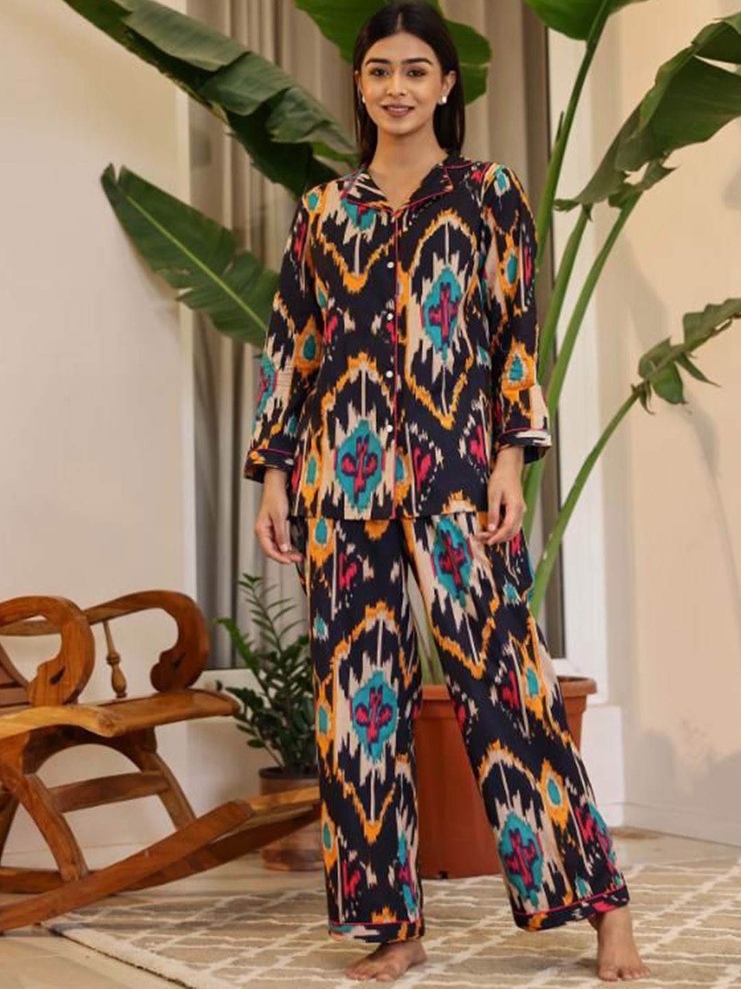 

FLAVIA CREATION Printed Cotton Shirt & Trousers Night Suits, Black