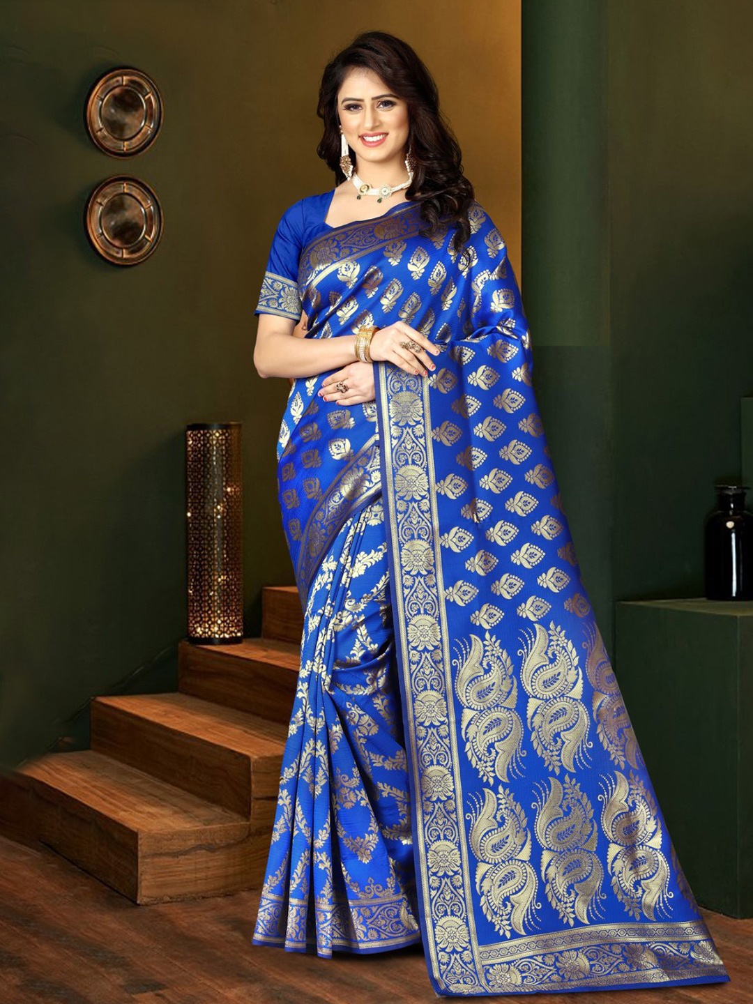 

KALINI Woven Design Zari Silk Blend Kanjeevaram Saree, Blue