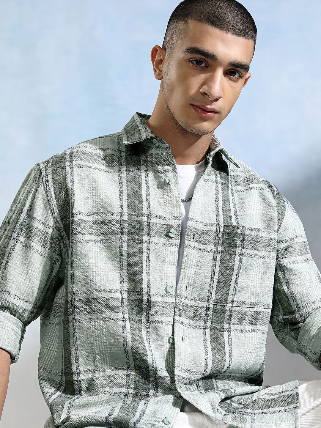 

HIGHLANDER Men Opaque Checked Casual Shirt, Sea green