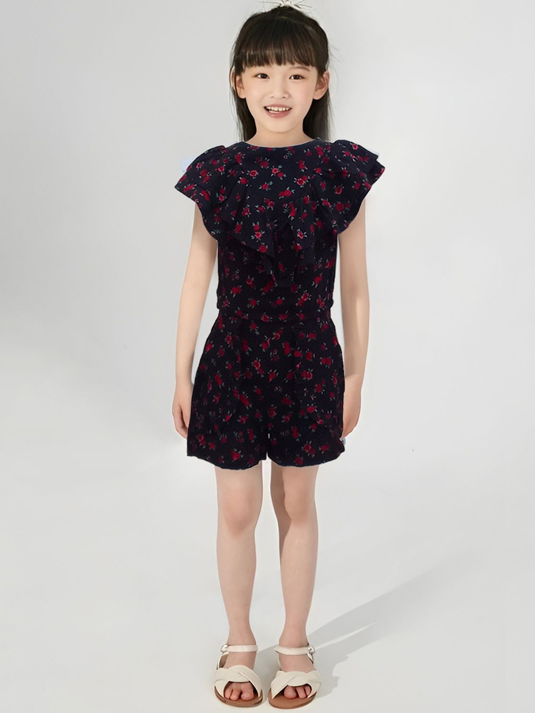 

Safehugs Girls Floral Printed Pure Cotton Top With Shorts, Black
