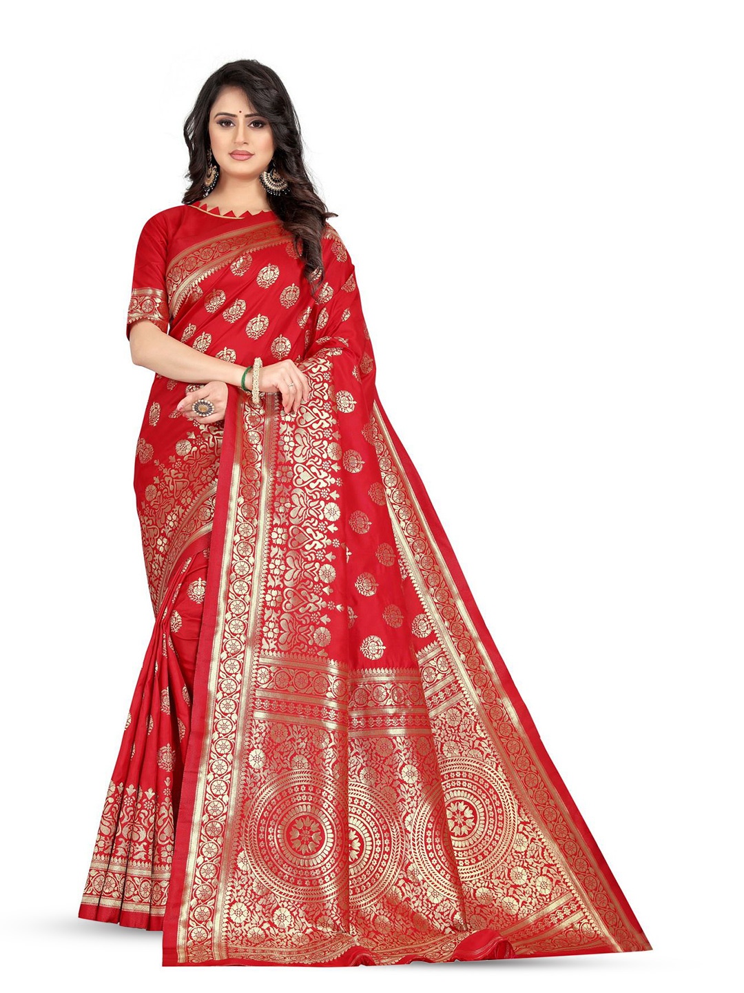 

KALINI Woven Design Zari Silk Blend Kanjeevaram Saree, Red