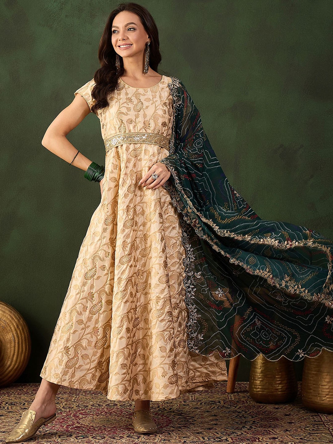 

Sangria Self Design Fit & Flare Maxi Ethnic Dress, Beige
