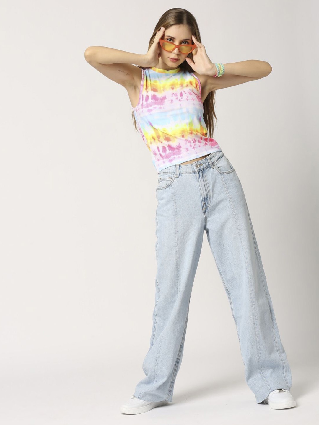 

LOVEGEN Women Tie and Dye Round Neck Crop Top, White