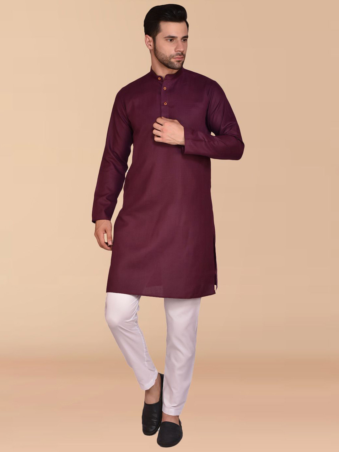 

BOWLIFESTYLE Band Collar Pure Cotton Straight Kurta with Trousers, Purple
